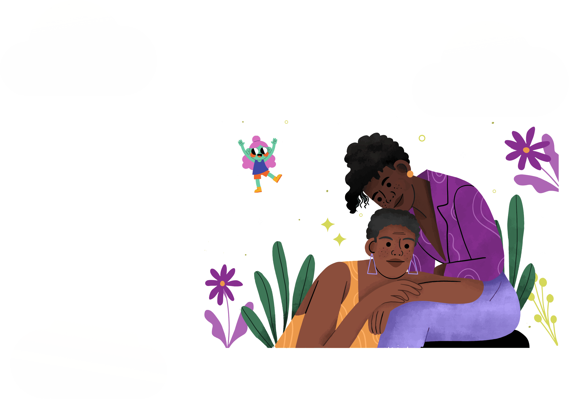 Two Black women sitting close together, surrounded by flowers, leaves and clouds